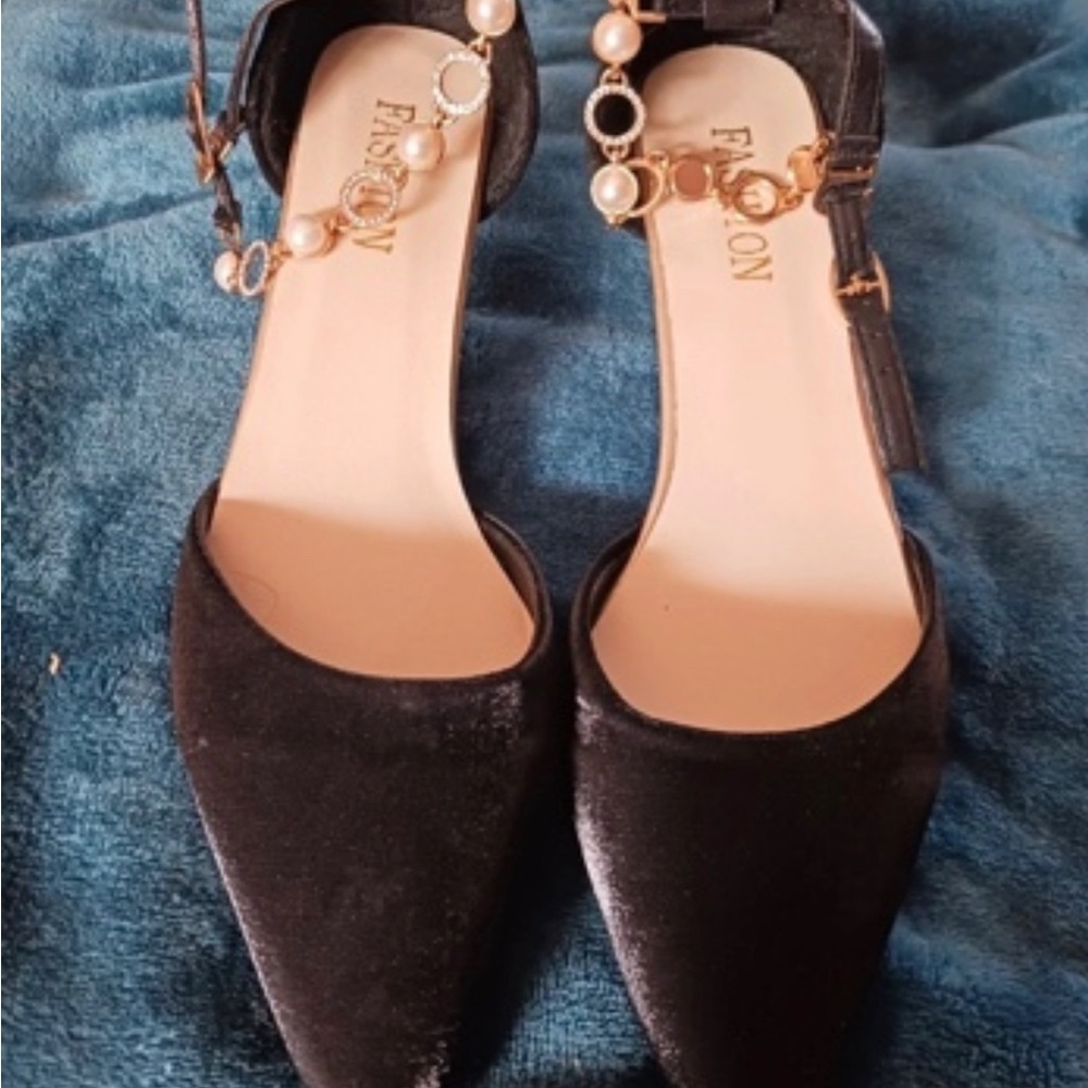 Black Pointed Toe Womens Ankle Strap Heels with Pearl Accent